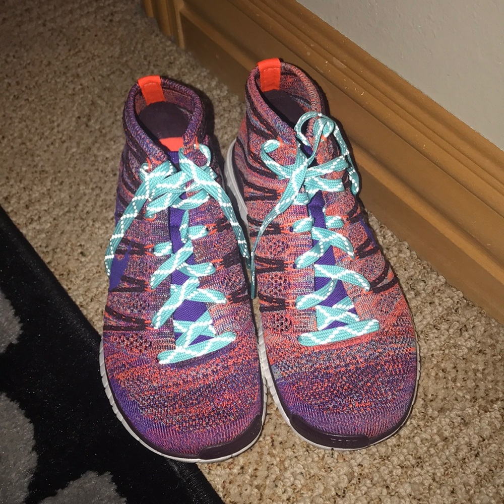 Nike Women’s Multi-Color Flyknit Sneakers with Purple Swoosh - Picture 3 of 5